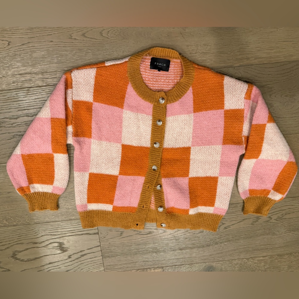 FRNCH Pink and Orange Checkered Sweater - Picture 2 of 6